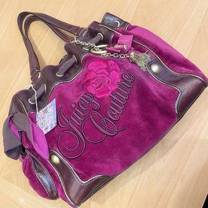 Y2K Juicy Couture pink magenta dreamer tote bag purse with gold embellishments